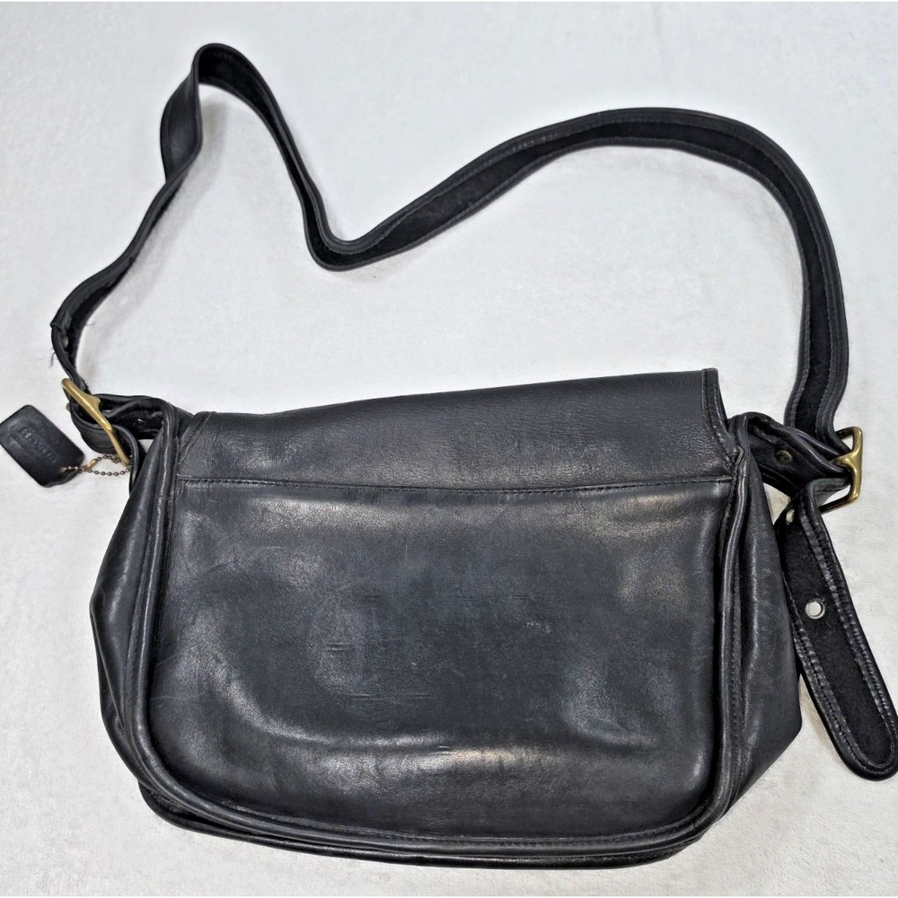 Coach Vintage Black Leather Shoulder Bag Front Flap Brass Hardware